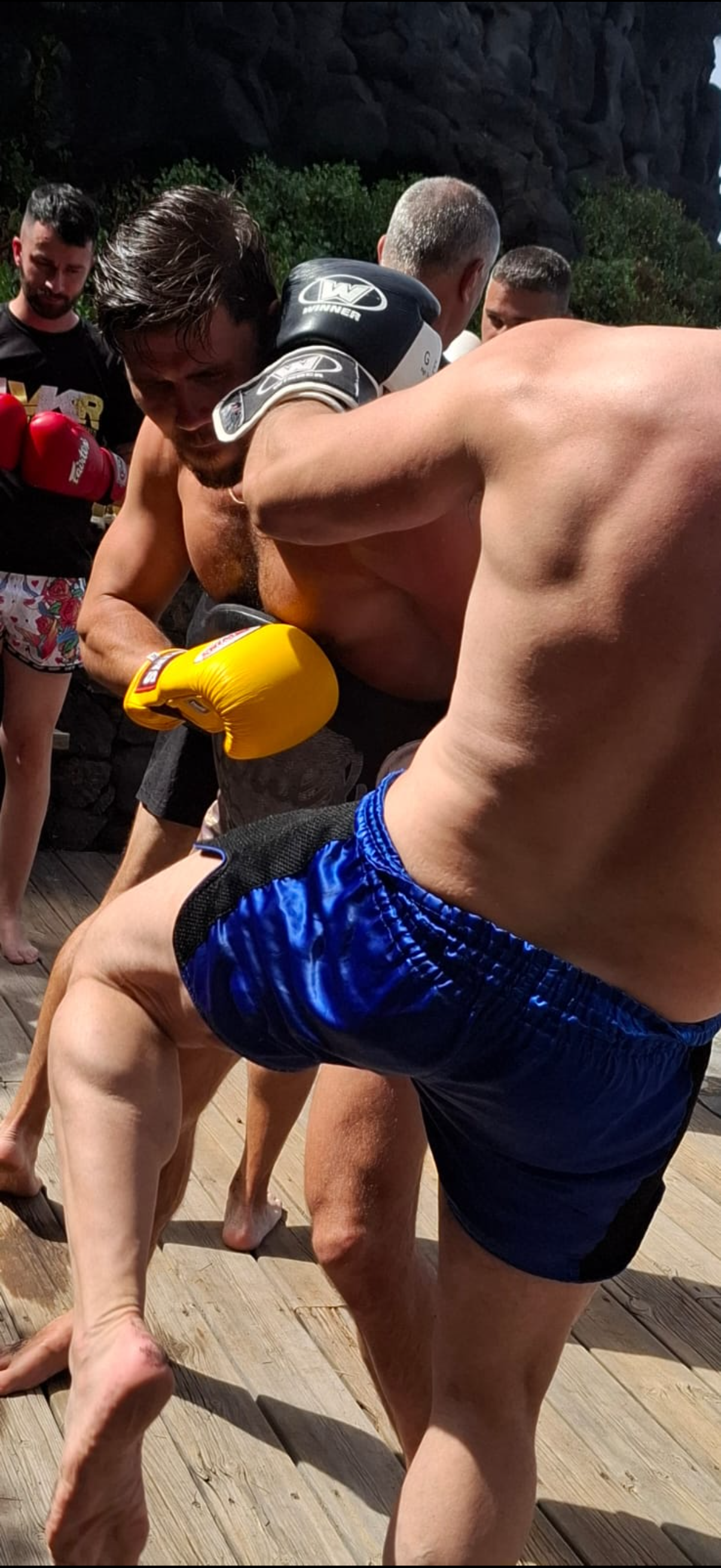 Sparring session in blue shorts